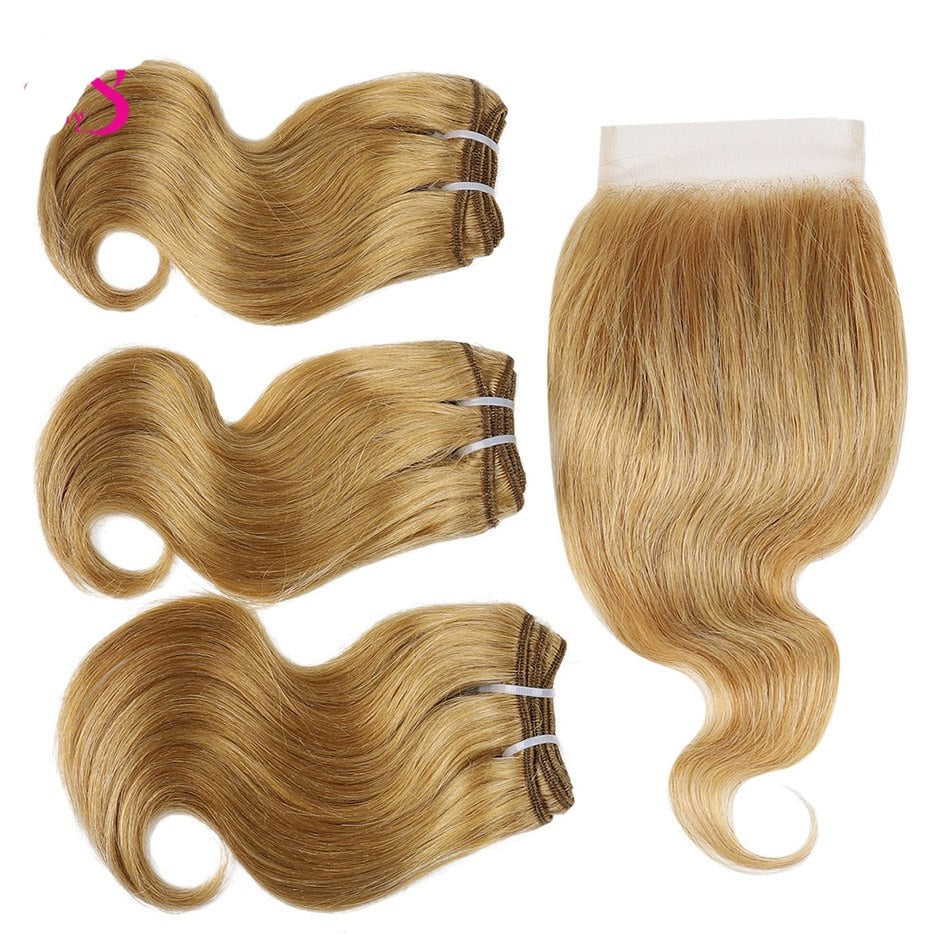 3 Bundles Brazilian Body Wave Hair Weave With 2X4 Lace Closure Black Honey Blonde Remy Human Hair With Closure