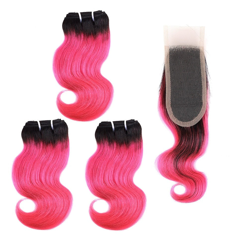 3 Bundles Brazilian Body Wave Hair Weave With 2X4 Lace Closure Black Honey Blonde Remy Human Hair With Closure