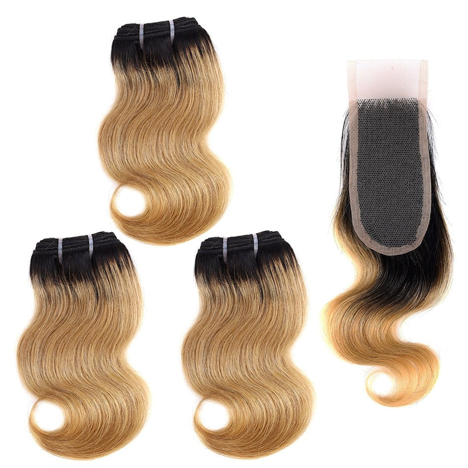 3 Bundles Brazilian Body Wave Hair Weave With 2X4 Lace Closure Black Honey Blonde Remy Human Hair With Closure