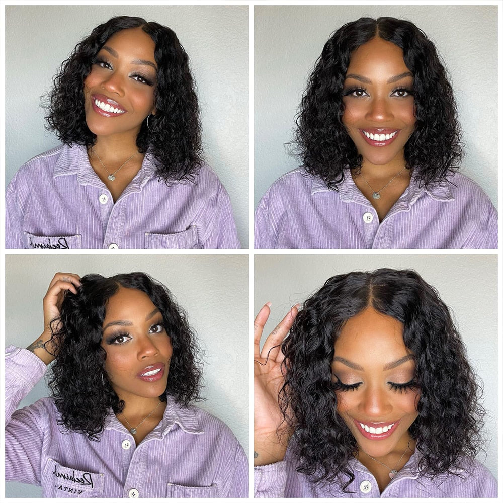 Bob Lace Wig Black Curly For Women Deep Water Curly Wave Human Hair Wigs 100% Remy Natural Hair Short Lace Frontal T Part Wig