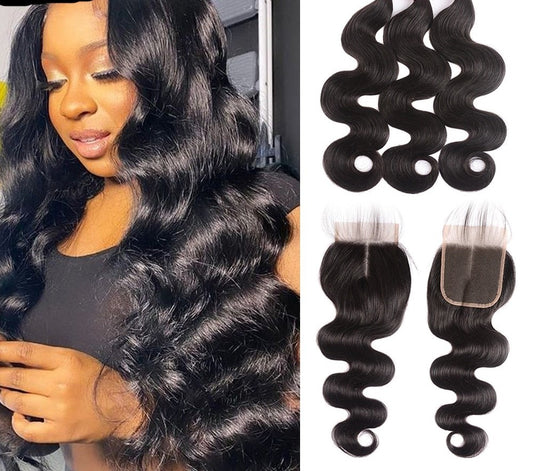 3/4 Body Wave Virgin Hair Bundles With Closure Peruvian Human Hair Weave Bundles With 4X4 Closure For Women Transparent Lace