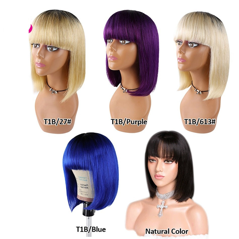 Ombre Short Bob Straight Wigs with Bangs Remy Brazilian  Bob Wigs With Bangs Human Hair Wigs 1B/Blond