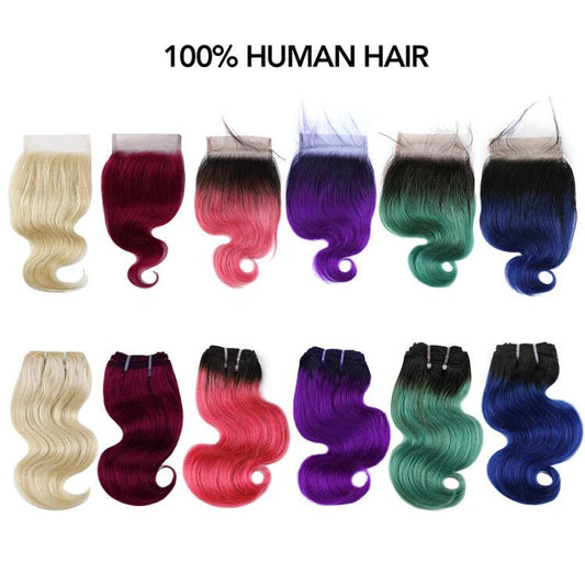 50g/pc Ombre Blonde Brazilian Body Wave Remy Human Hair With Closure 613/Purple/Blue/Pink/Green/ Short Bob Style