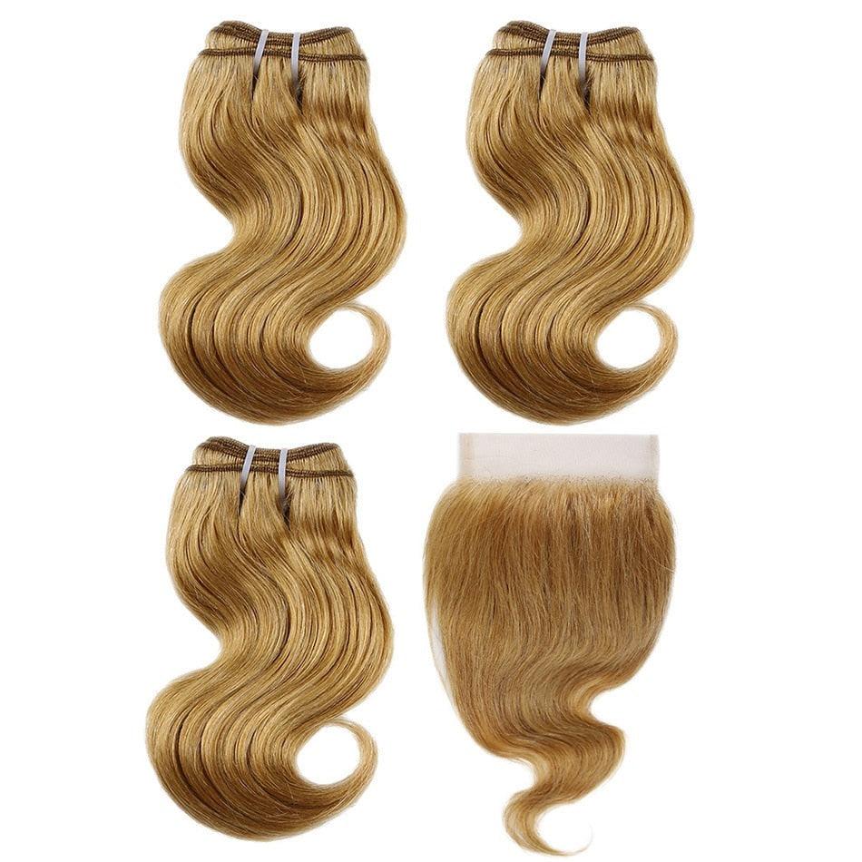 3 Bundles Brazilian Body Wave Hair Weave With 2X4  Lace Closure Black Honey Blonde Remy Human Hair With Closure