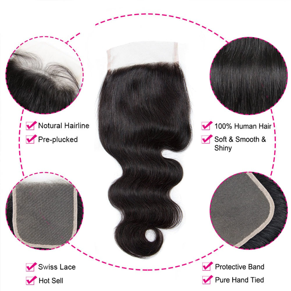 3/4 Body Wave Virgin Hair Bundles With Closure Peruvian Human Hair Weave Bundles With 4X4 Closure For Women Transparent Lace