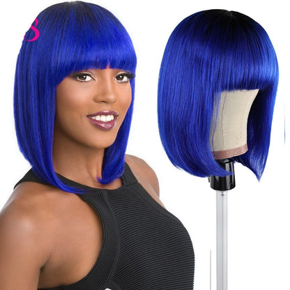 Real Beauty Remy Straight Short Bob Wigs Ombre Blue Brazilian Human Hair Wigs For Black Women Machine Made Wigs With Bang