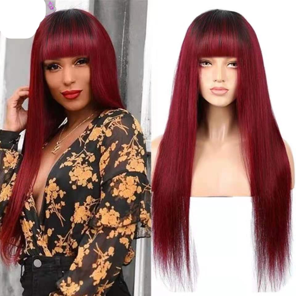 Blonde Ombre Human Hair Wig With Bangs Bone Straight Silk 1B Burgundy Colored Fringe Wig Short Bob Human Hair