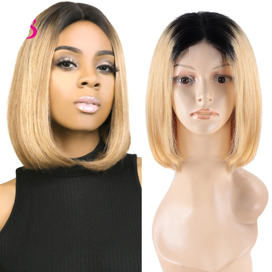 Ombre Short Bob Straight Wigs with Bangs Remy Brazilian  Bob Wigs With Bangs Human Hair Wigs 1B/Blond