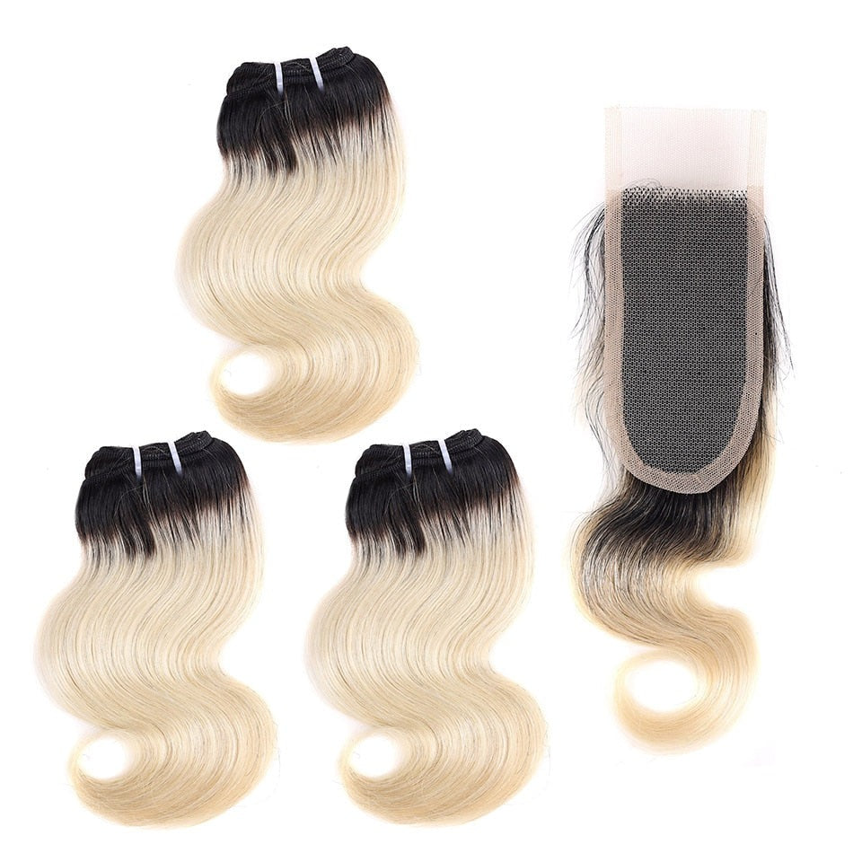 3 Bundles Brazilian Body Wave Hair Weave With 2X4  Lace Closure Black Honey Blonde Remy Human Hair With Closure