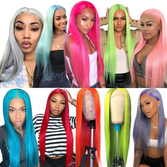 Blue Green Purple Pink Red 613 Colored Human Hair Wigs Raw Indian Straight Remy Hair 150% T Part HD Lace Frontal Wigs