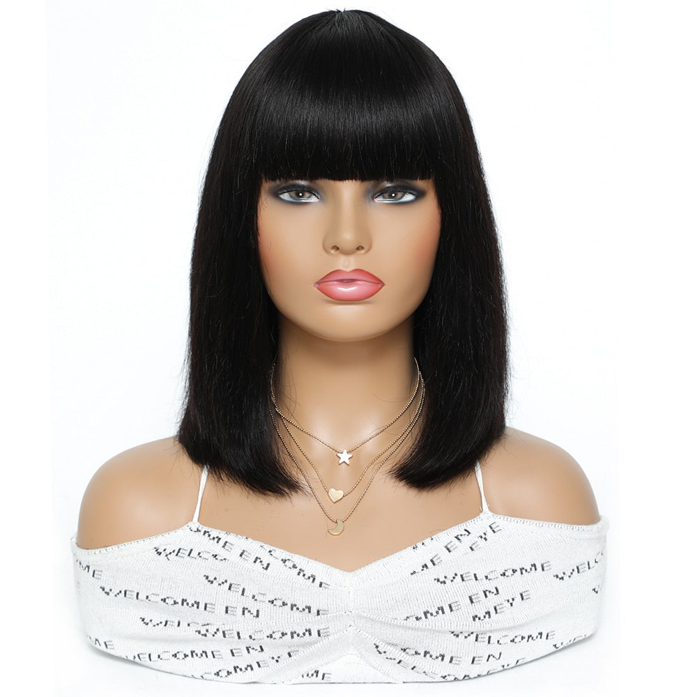 Bob Human Hair Full Wigs For Women Black Straight Wig With Bangs Fringe Balayage Highlight Ombre Brown None Lace Bob Cut