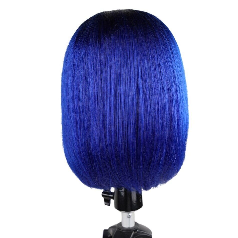 Real Beauty Remy Straight Short Bob Wigs Ombre Blue Brazilian Human Hair Wigs For Black Women Machine Made Wigs With Bang