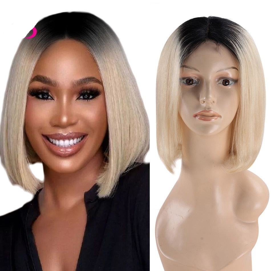 Ombre Short Bob Straight Wigs with Bangs Remy Brazilian  Bob Wigs With Bangs Human Hair Wigs 1B/Blond