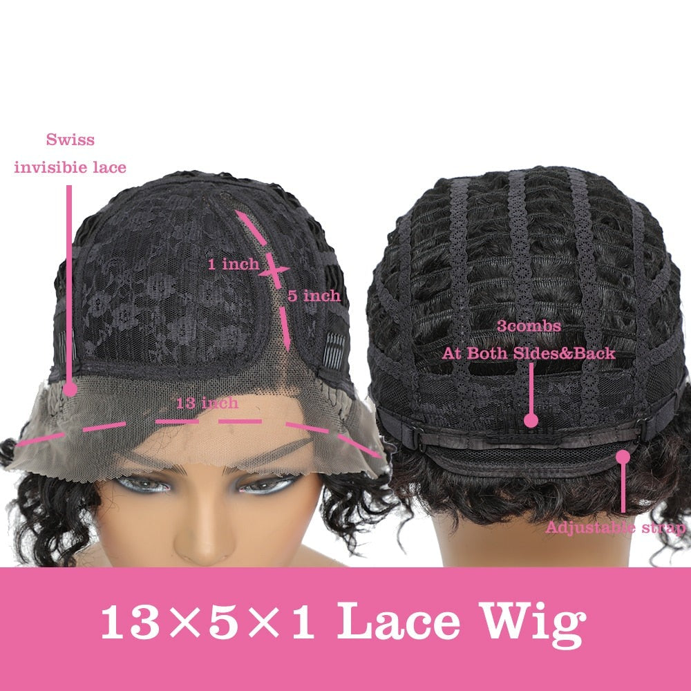 Short Curly Pixie Cut Lace Front Remy Brazilian Human Hair Kinky Curly 13*1 Lace Side Part Real Hair Black Color