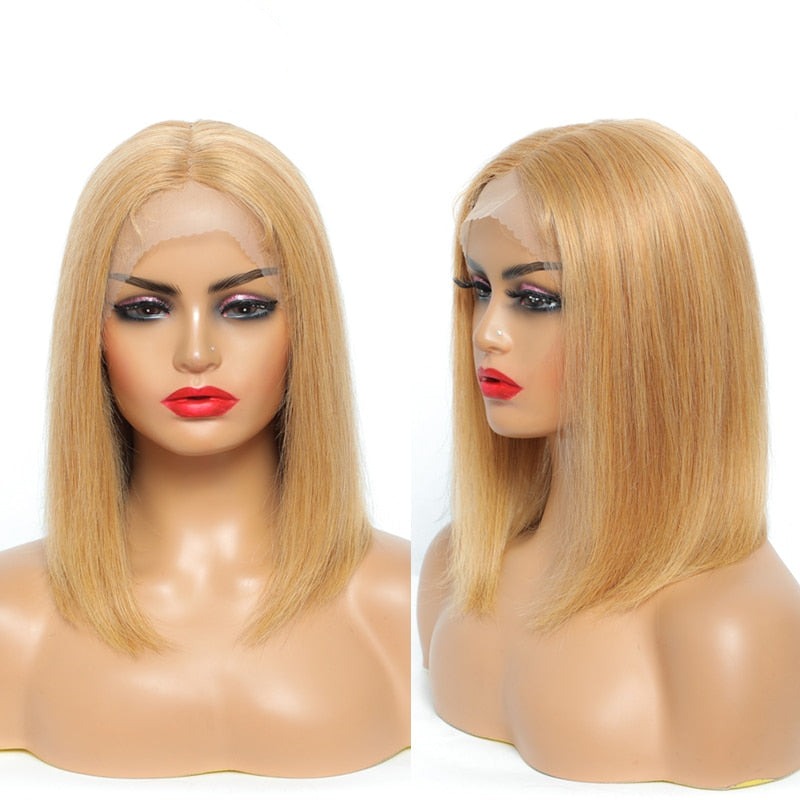 Short Bob Human Hair Lace Wigs Honey Blonde Brazilian Straight 13x1 Lace Part Wigs 180% Density