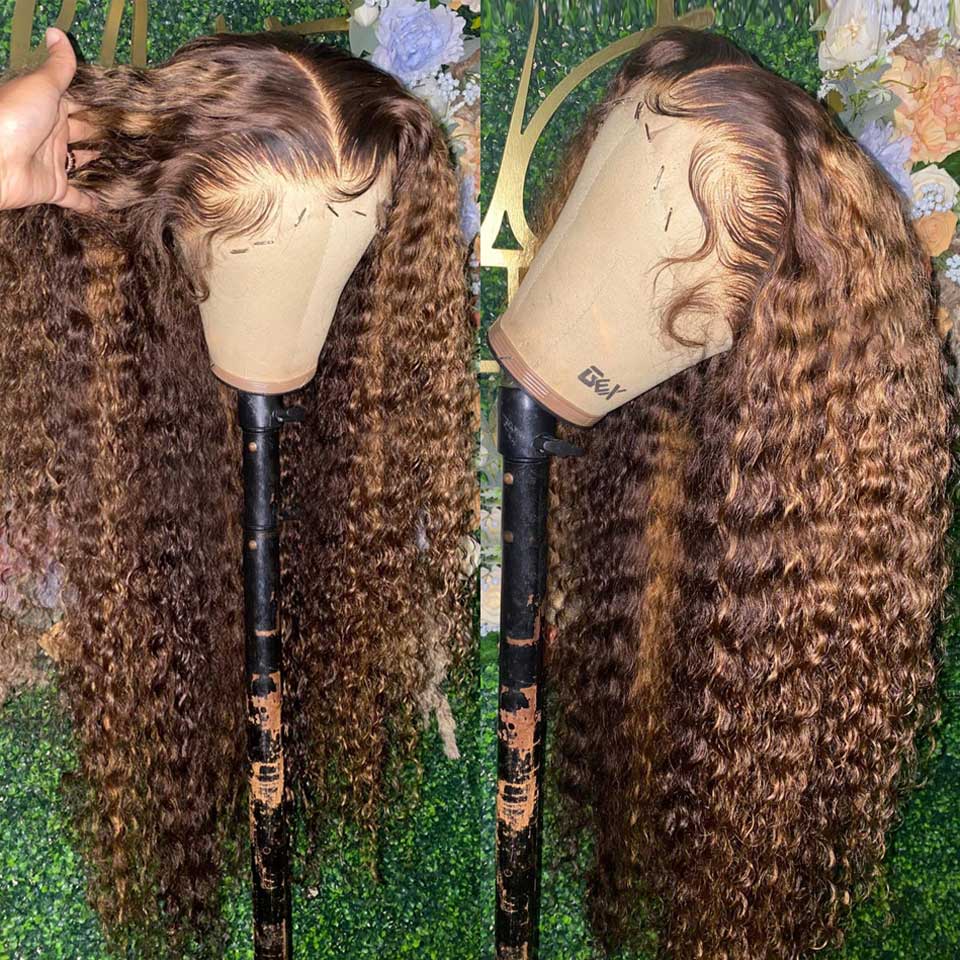 13X4 Highlight Deep Wave Human Hair Lace Frontal Wig Ombre Colored Curly Brazilian Remy