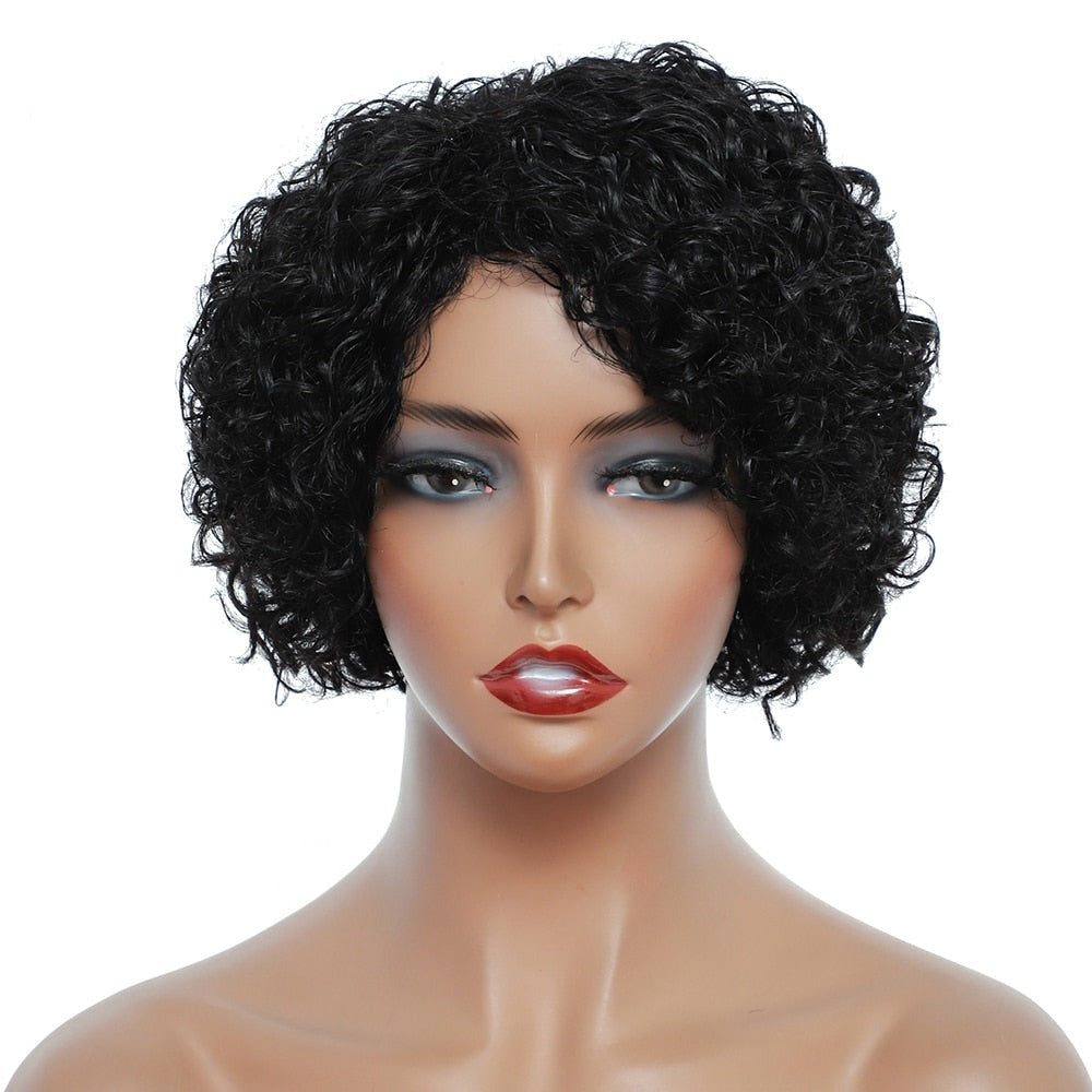 Human Hair Wigs Curly Wave Side Part Wig Short Bob Pixie Cut Brazilian Remy Human Hair Deep Curly None Lace Front Wigs for Women