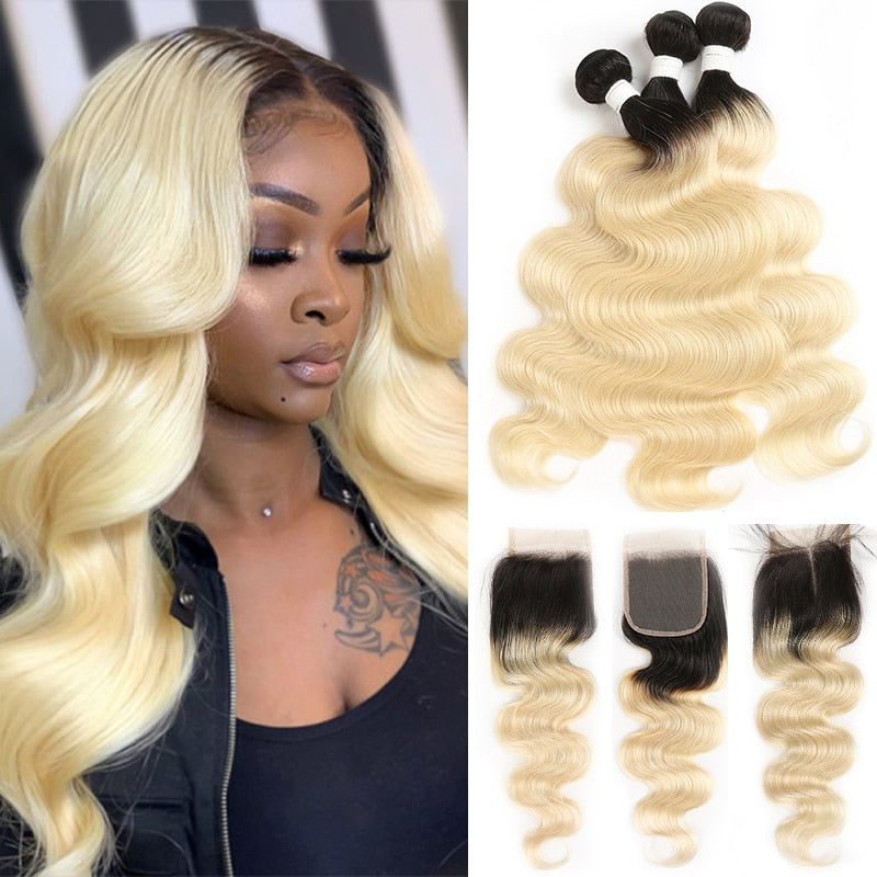 613 Honey Blonde Body Wave Bundles With Closure Brazilian Remy Human Hair Weave Bundles With Closure 3 Bundles With Closure