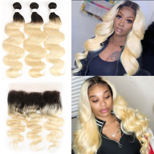 Brazilian Body Wave Bundles With Frontal 13x4 Ombre Blonde Human Hair Weave Bundles With Lace Closure Remy Hair Extensoin