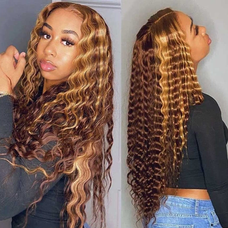 13X4 Highlight Deep Wave Human Hair Lace Frontal Wig Ombre Colored Curly Brazilian Remy