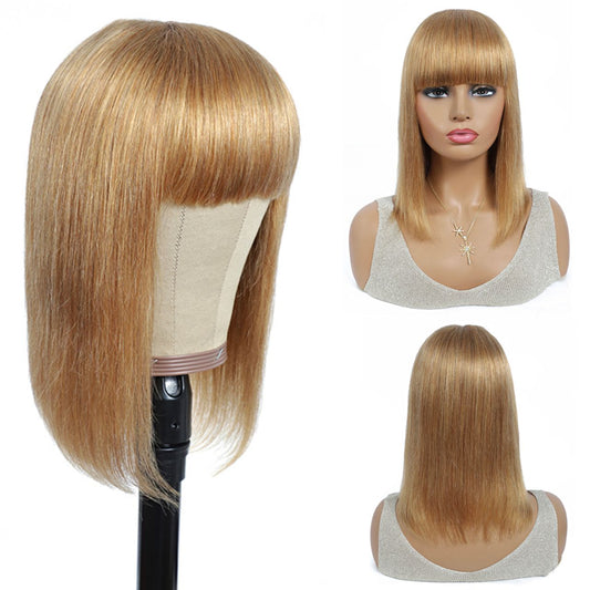 Short Bob Human Hair Wigs With Bangs Blonde Brown Red Brazilian Straight