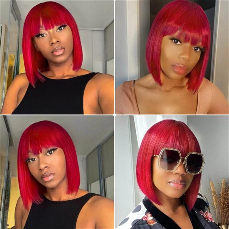 Brazilian Straight Human Hair Wigs With Bangs/Burgundy Red Short Bob Human Hair Wigs Machine Made Wig