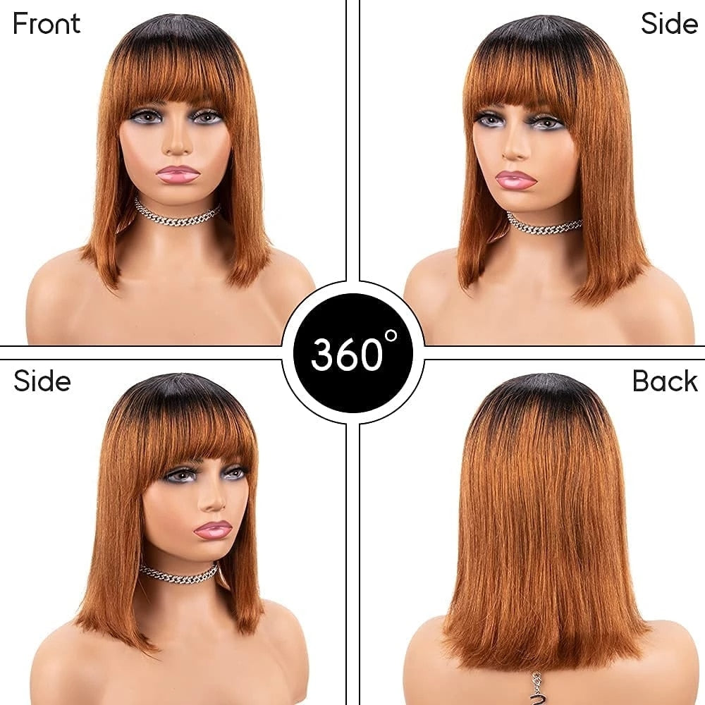 Bob Human Hair Full Wigs For Women Black Straight Wig With Bangs Fringe Balayage Highlight Ombre Brown None Lace Bob Cut