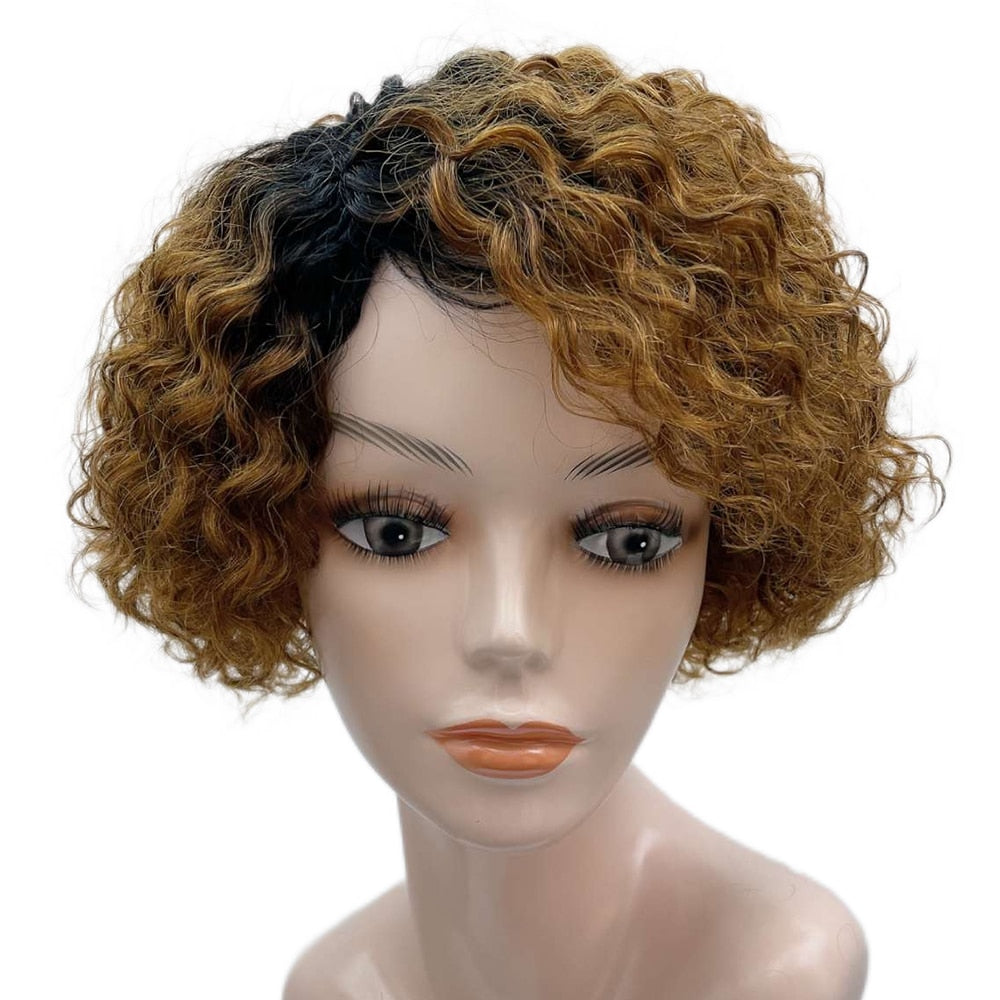 Human Hair Wigs Curly Wave Side Part Wig Short Bob Pixie Cut Brazilian Remy Human Hair Deep Curly None Lace Front Wigs for Women