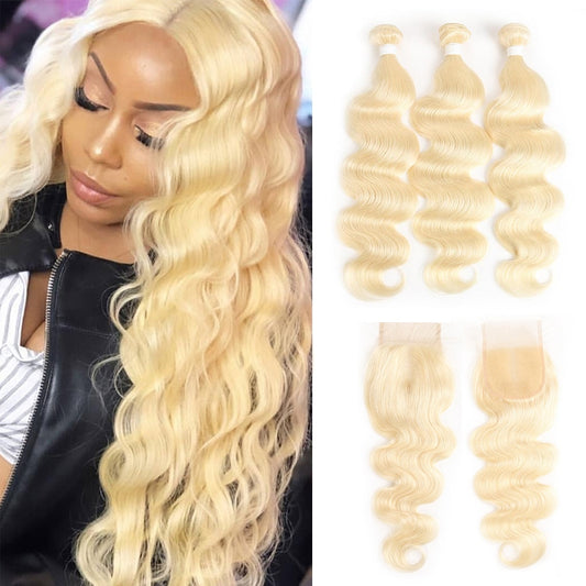 613 Honey Blonde Body Wave Bundles With Closure Brazilian Remy Human Hair Weave Bundles With Closure 3 Bundles With Closure