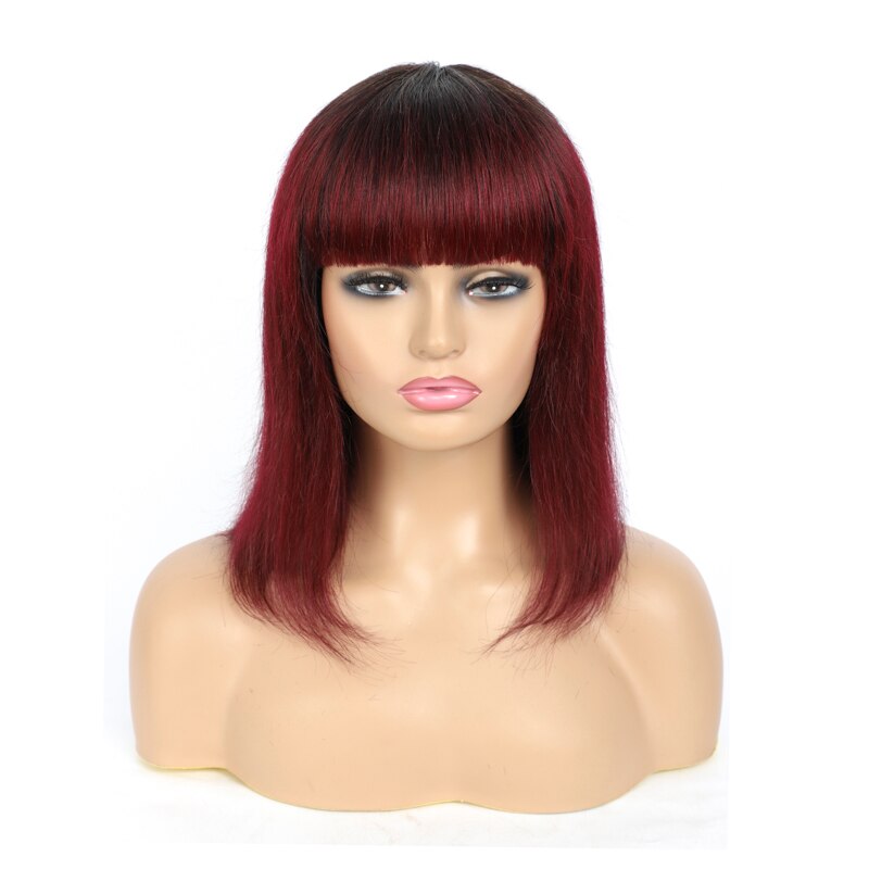 Brazilian Straight Human Hair Wigs With Bangs/Burgundy Red Short Bob Human Hair Wigs Machine Made Wig