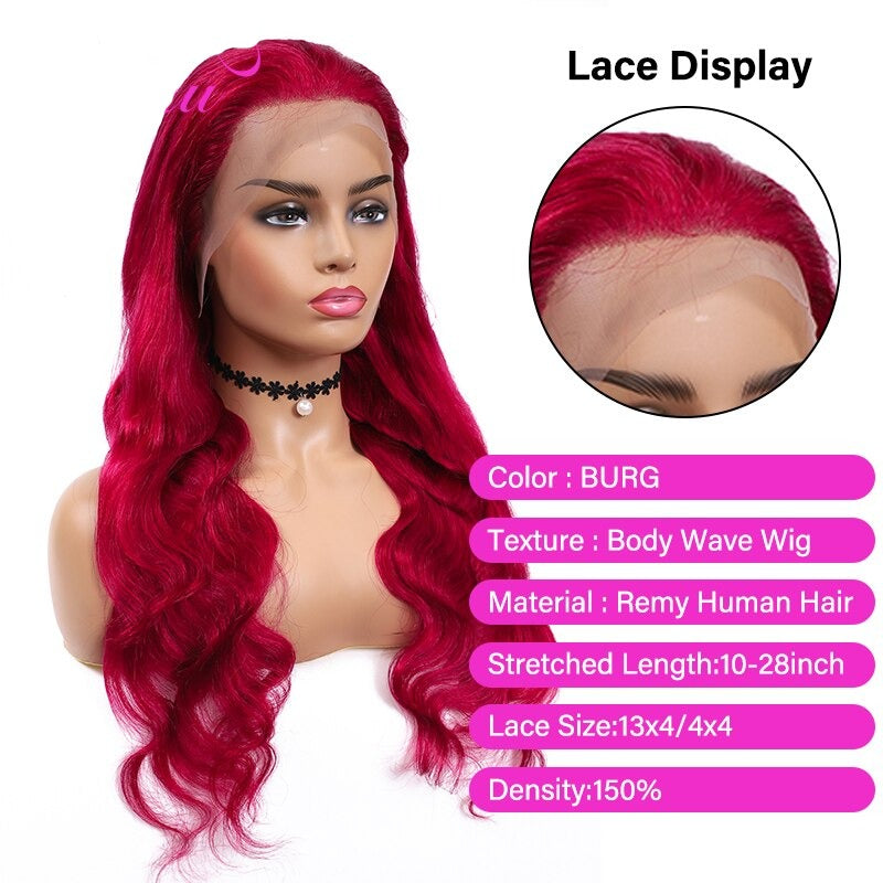 99J/Burgundy 13x4 Lace Front Human Hair Wigs Body Wave Human Hair Wigs 150% Density Lace Closure Wig