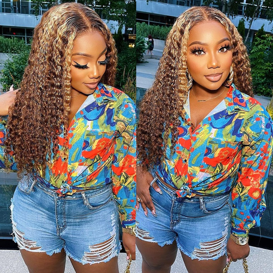 13X4 Highlight Deep Wave Human Hair Lace Frontal Wig Ombre Colored Curly Brazilian Remy