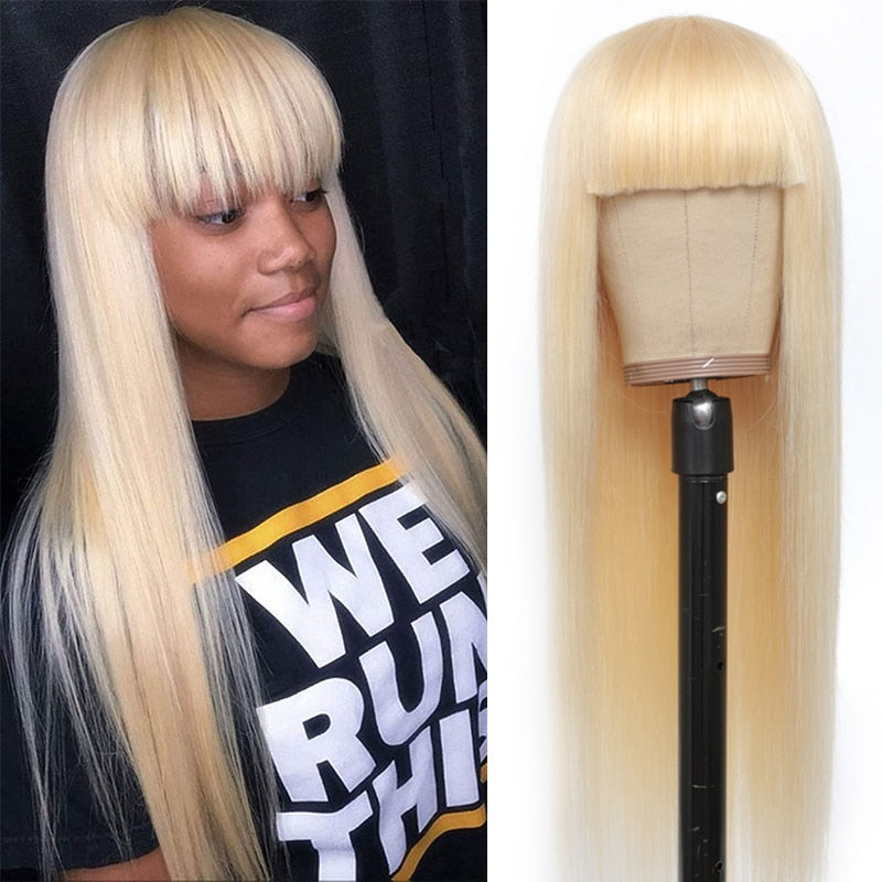 Long or short 613 Blonde Brazilian Remy Straight Human Hair Wigs With Bang  Full Machine Made Wig For Women