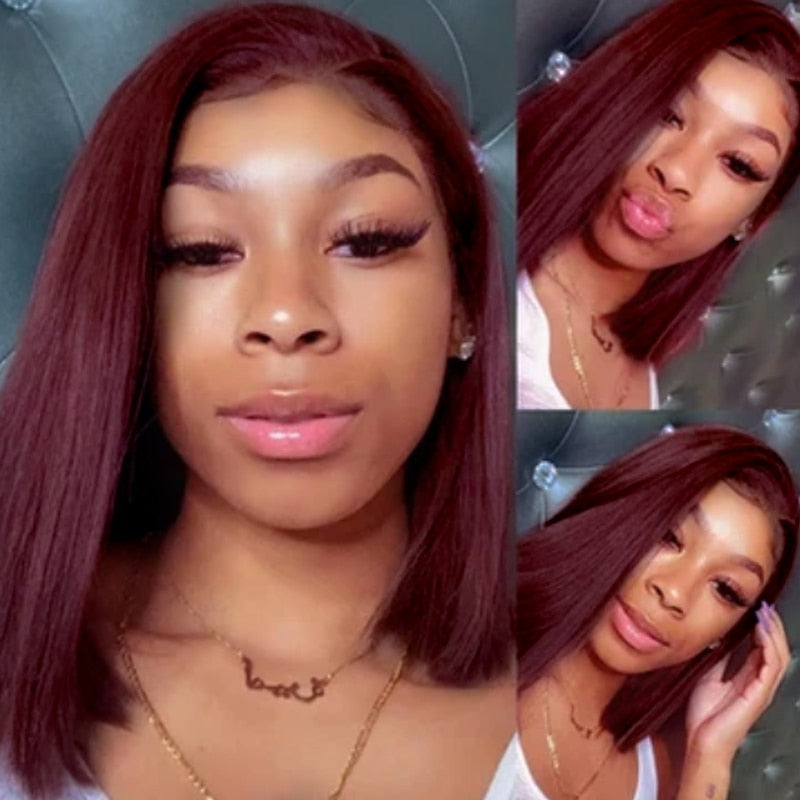 Burgundy 8inch Short Bob Lace Front Wig Brazilian Remy Brown Straight 13x4 Lace Frontal Human Hair Wigs