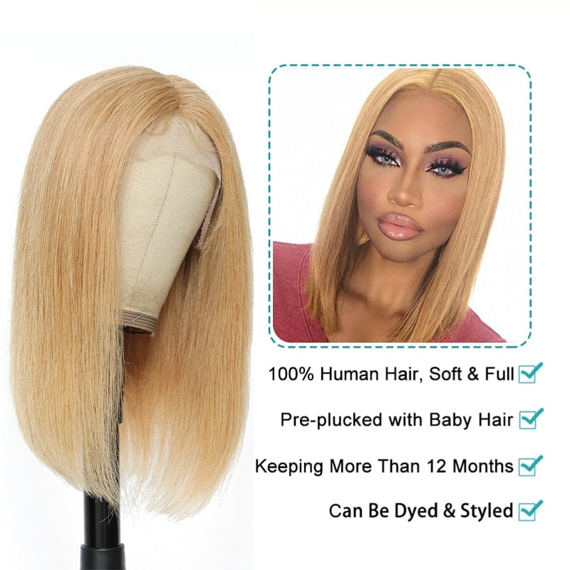 Short Bob Human Hair Lace Wigs Honey Blonde Brazilian Straight 13x1 Lace Part Wigs 180% Density