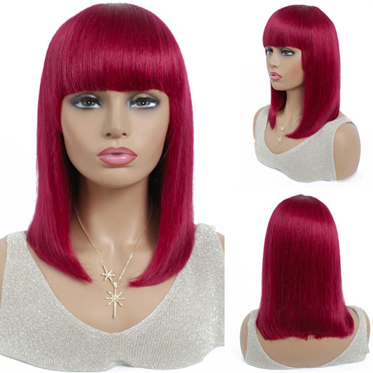 Brazilian Straight Human Hair Wigs With Bangs/Burgundy Red Short Bob Human Hair Wigs Machine Made Wig