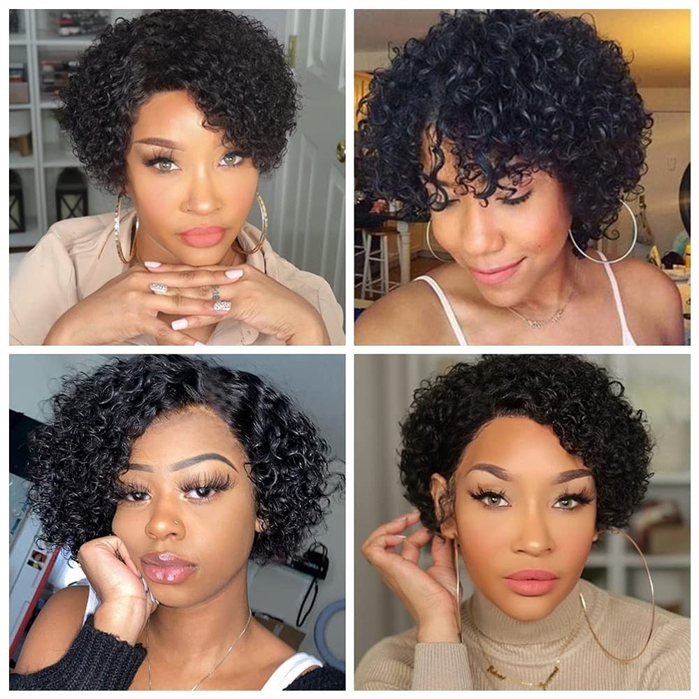 Human Hair Wigs Curly Wave Side Part Wig Short Bob Pixie Cut Brazilian Remy Human Hair Deep Curly None Lace Front Wigs for Women