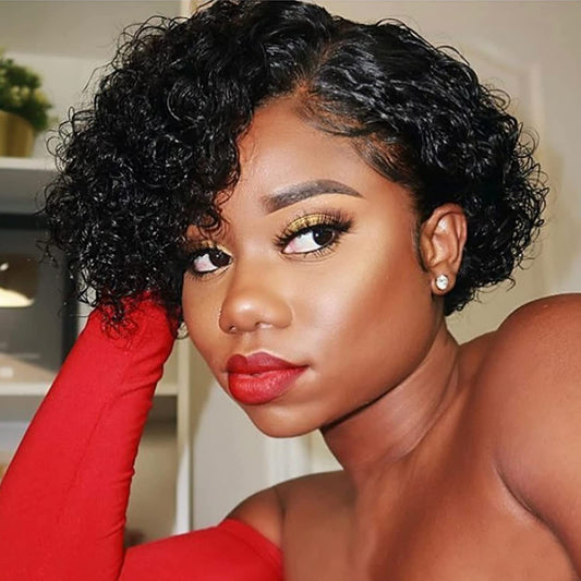 Human Hair Wigs Curly Wave Side Part Wig Short Bob Pixie Cut Brazilian Remy Human Hair Deep Curly None Lace Front Wigs for Women