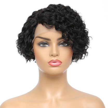 Short Curly Pixie Cut Lace Front Remy Brazilian Human Hair Kinky Curly 13*1 Lace Side Part Real Hair Black Color