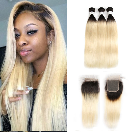 T1B/613 Ombre Blonde Straight Hair Bundles With Closure 4x4 Brazilian 3 Bundles Human Hair With Closure Remy Hair Extension