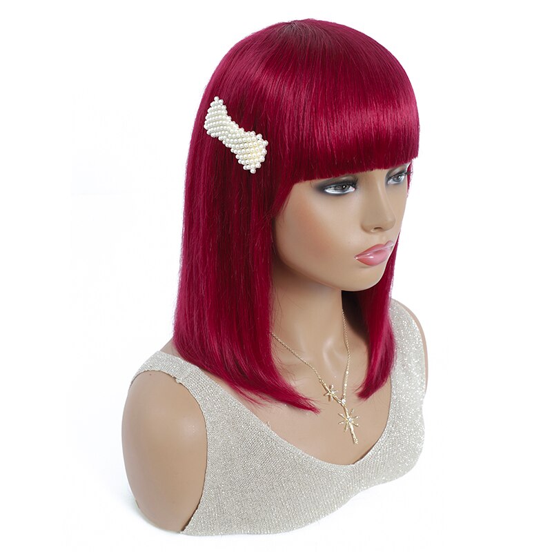 Brazilian Straight Human Hair Wigs With Bangs/Burgundy Red Short Bob Human Hair Wigs Machine Made Wig