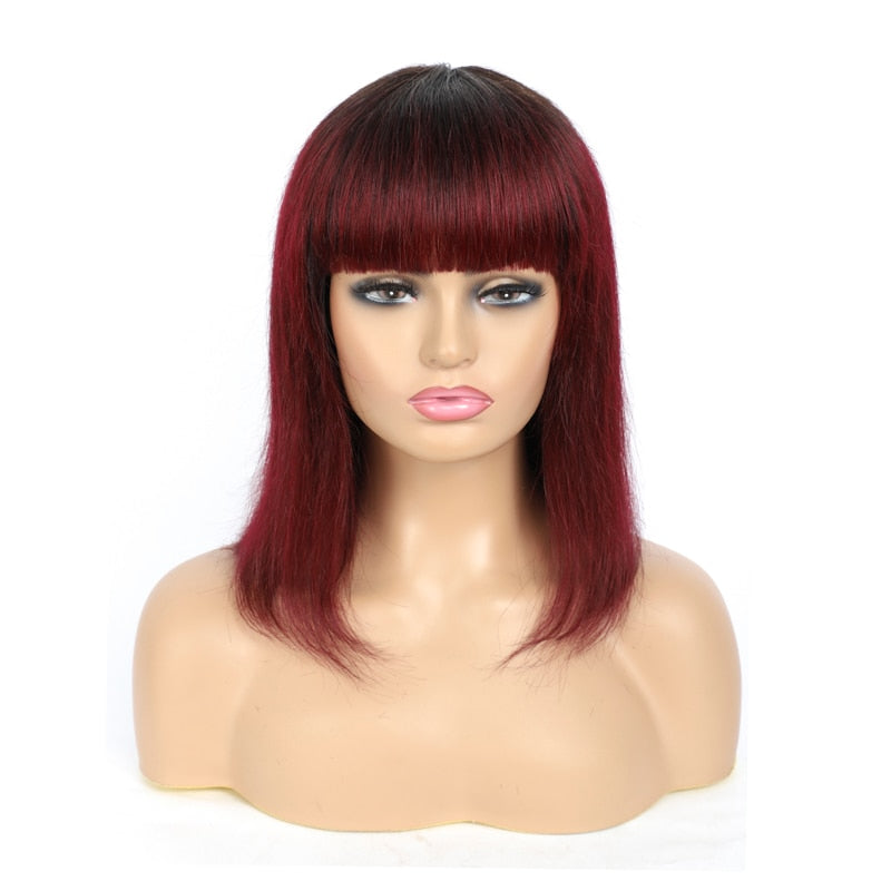 Short Bob Human Hair Wigs With Bangs Blonde Brown Red Brazilian Straight