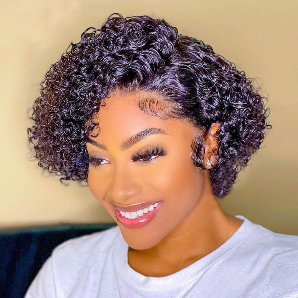 Short Curly Pixie Cut Lace Front Remy Brazilian Human Hair Kinky Curly 13*1 Lace Side Part Real Hair Black Color