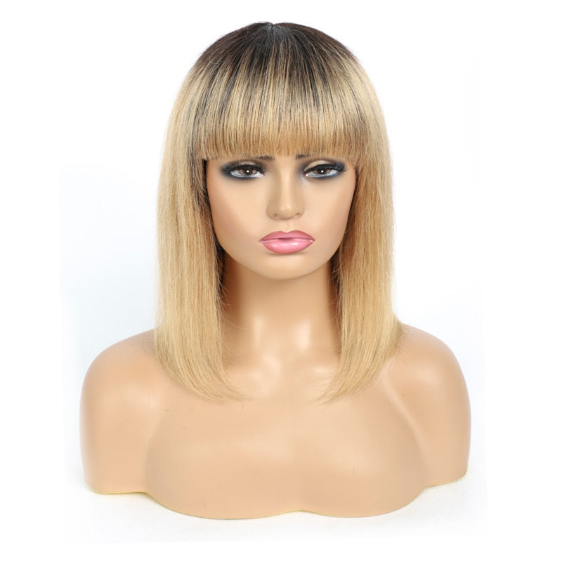 Brazilian Straight Human Hair Wigs With Bangs/Burgundy Red Short Bob Human Hair Wigs Machine Made Wig