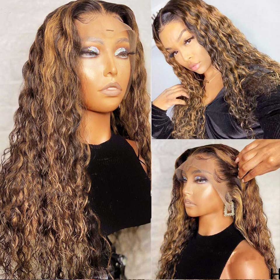 13X4 Highlight Deep Wave Human Hair Lace Frontal Wig Ombre Colored Curly Brazilian Remy