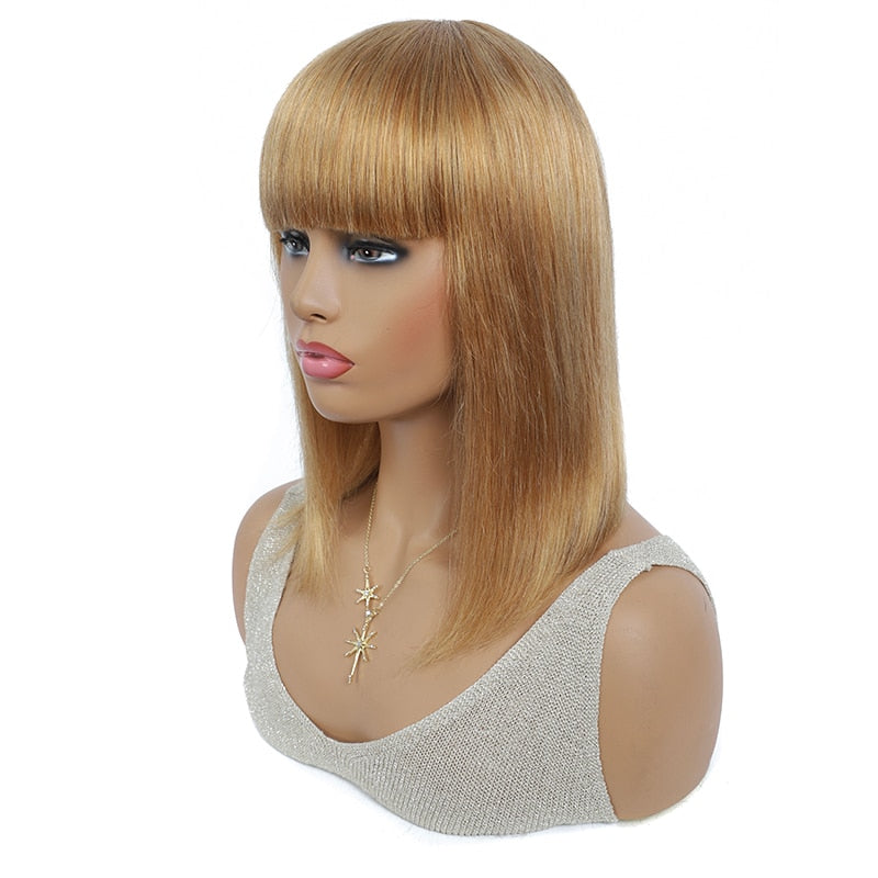 Short Bob Human Hair Wigs With Bangs Blonde Brown Red Brazilian Straight