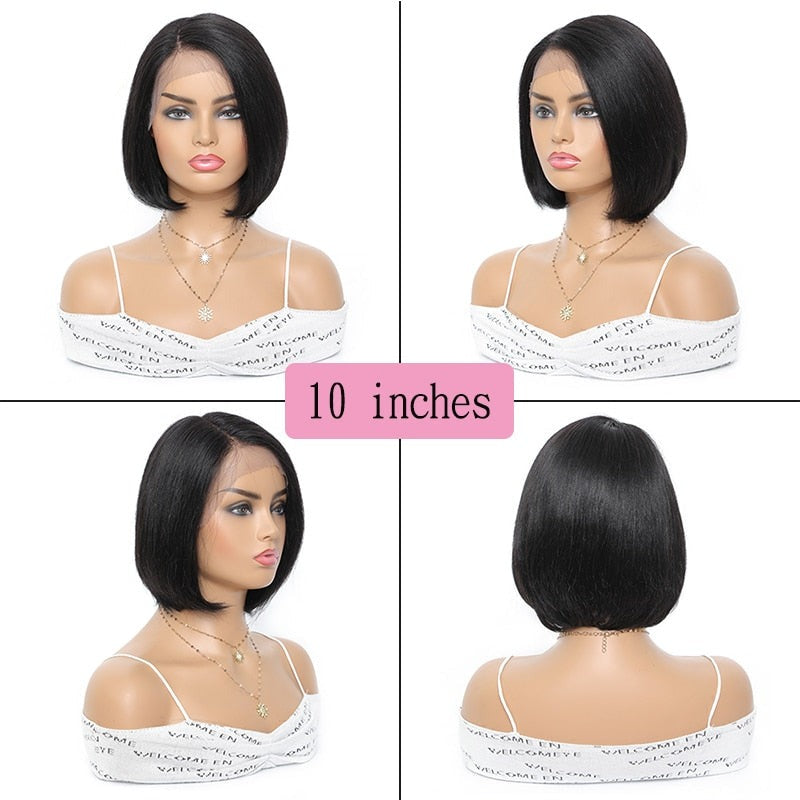 150% Density Remy Human Hair Brazilian Straight Bob Wigs T Part Lace Frontal Pre-Plucked Lace Wigs Natural Hair