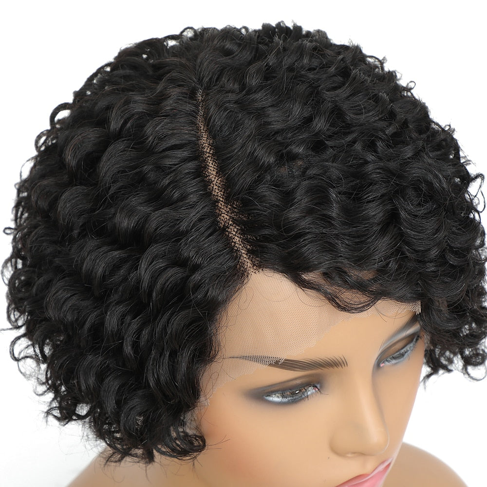 Short Curly Pixie Cut Lace Front Remy Brazilian Human Hair Kinky Curly 13*1 Lace Side Part Real Hair Black Color