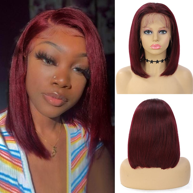 Burgundy 8inch Short Bob Lace Front Wig Brazilian Remy Brown Straight 13x4 Lace Frontal Human Hair Wigs