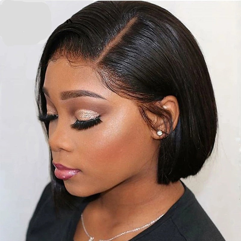 150% Density Remy Human Hair Brazilian Straight Bob Wigs T Part Lace Frontal Pre-Plucked Lace Wigs Natural Hair